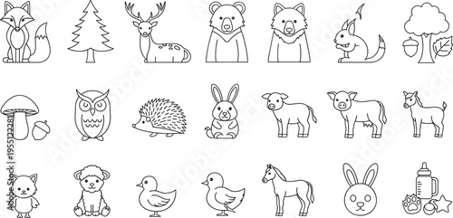 Collection of cute, simple line art icons featuring woodland and farm animals and nature elements