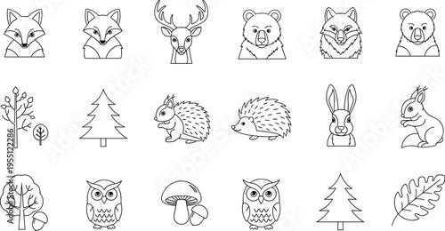 Collection of cute forest animal and nature icons in a simple line art style