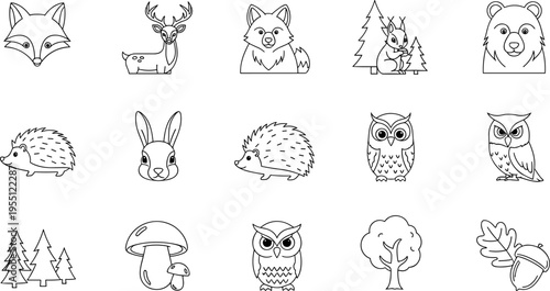 Collection of cute forest animal and nature icons in a simple line art style