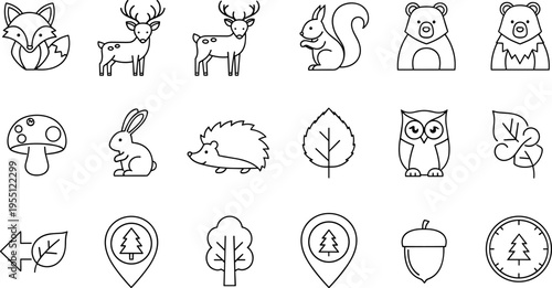 Line art collection of woodland animals and nature elements