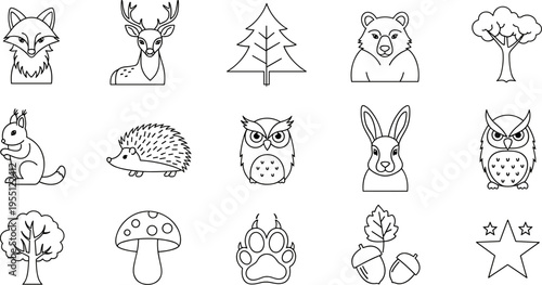 Collection of cute forest animal and nature icons in a simple line art style
