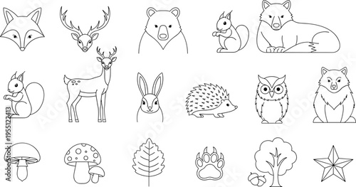 Collection of cute forest animals and nature elements in a simple line art style