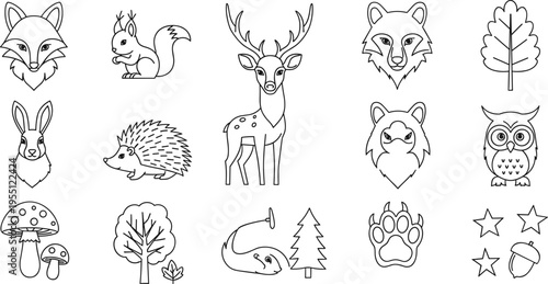 Collection of cute forest animal icons and nature elements in a simple line art style