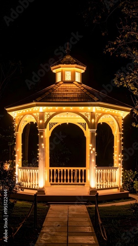 Illuminated Gazebo at Night with String Lights and Pathway