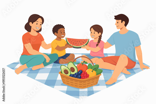 A happy family enjoying a summer picnic outdoors, sharing a slice of watermelon and a basket of fresh fruits on a checkered blanket.