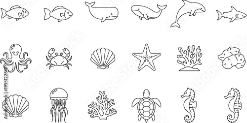 Collection of simple line art icons representing various marine life and ocean elements