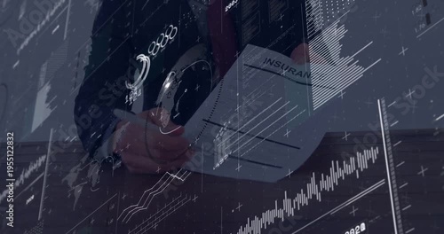 Vertical video: Reading INSURANCE, man in suit and red tie signing policy at desk with pen, charts