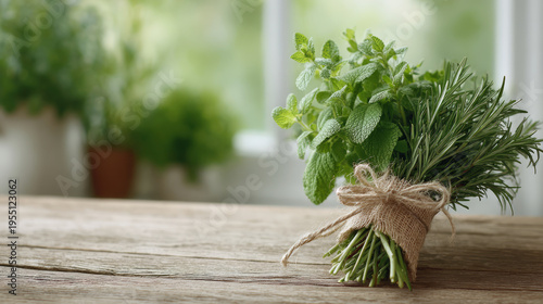 Fresh bouquet of aromatic herbs tied with twine on a rustic wooden table
