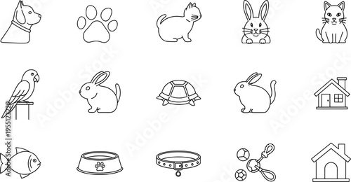 Collection of simple line art icons representing various pets and pet care items