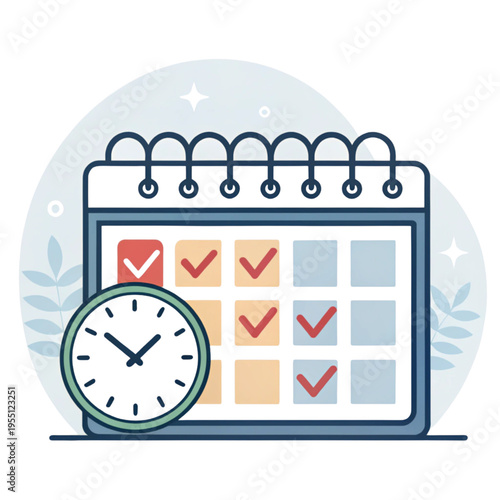 Calendar with marked dates and a clock representing time management and scheduling.
