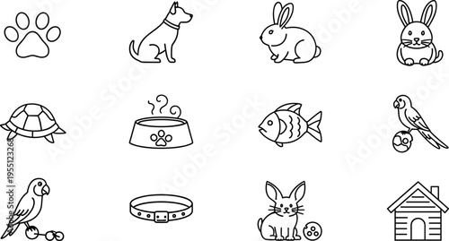 Collection of simple line art icons representing various domestic animals and pet supplies