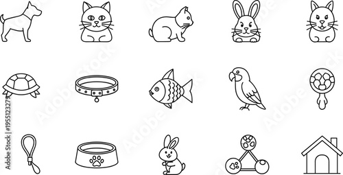 Collection of cute line art icons representing various pets and pet accessories