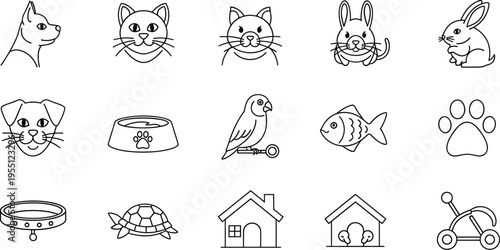 Collection of simple line art icons representing various pets and pet care items