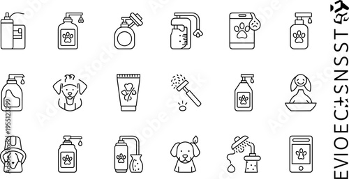 Collection of dog grooming and pet care icons with paw prints and bottles