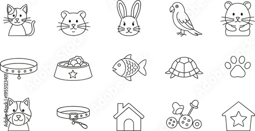 Collection of cute hand-drawn pet icons and accessories for animal lovers