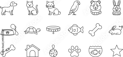 Collection of cute line art icons representing various pets and pet accessories