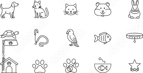 Collection of simple line art icons representing various domestic animals and pet care items