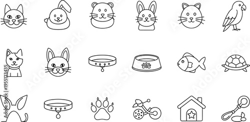 Collection of cute line art icons representing various domestic animals and pet accessories