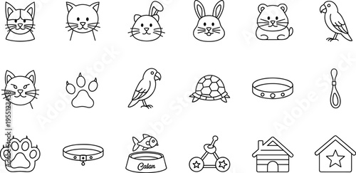 Collection of cute line art icons representing various domestic animals and pet supplies