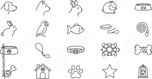 Collection of simple line art icons representing various pets and pet care items