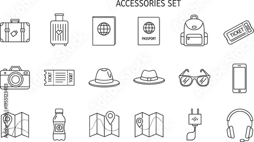 Collection of travel accessories and essentials for a journey, presented as line art icons