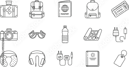 Collection of travel essentials and accessories depicted as simple line art icons