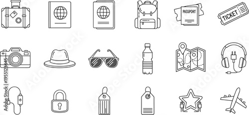 Collection of travel and vacation icons in a clean, modern outline style