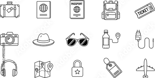 Collection of travel icons including luggage, passport, camera, and airplane for vacation planning