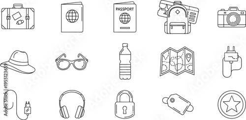 Collection of travel icons including suitcase, passport, backpack, camera, and map