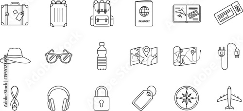 Collection of travel and vacation icons in a clean, modern outline style