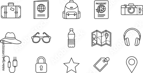 Travel and adventure themed line icons for planning trips