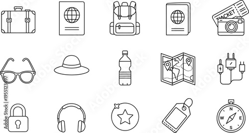 Collection of travel icons including passport, camera, map, and suitcase