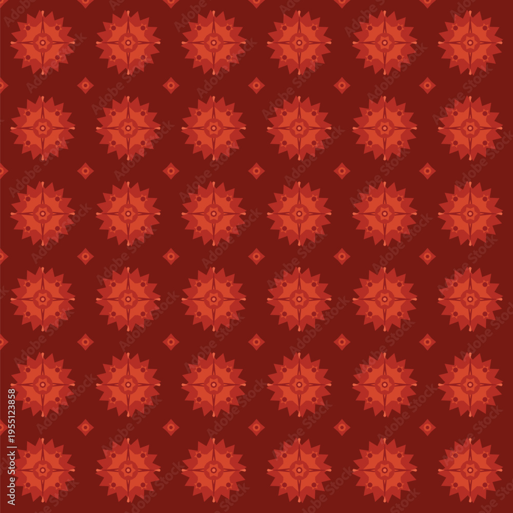 Fototapeta premium Seamless vector pattern with repeating orange floral motifs and small diamond shapes on a rich dark red background, ideal for textile, wallpaper, digital paper, and branding projects.