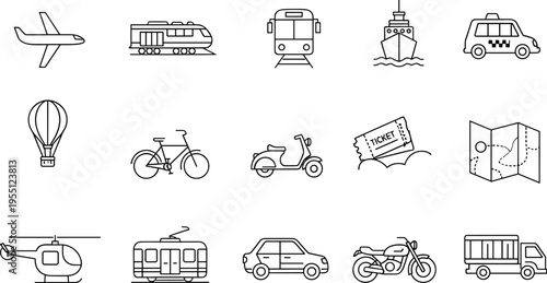Collection of transportation and travel icons in a clean, modern line art style