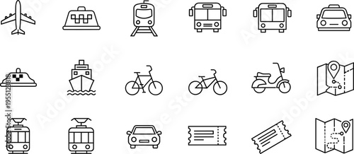 Collection of transportation and travel icons including airplane, taxi, train, bus, ship, and map