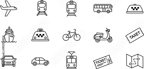 Collection of transportation and travel icons including airplane, train, bus, car, and map