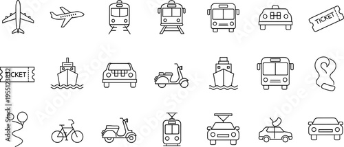 Collection of transportation and travel icons including airplanes, trains, buses, cars, and ships