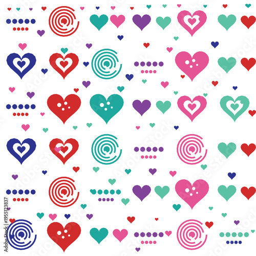 Vibrant seamless pattern with abstract hearts, spirals, and dot clusters in red, pink, purple, and teal on a white background, ideal for romantic, celebration, or decorative designs