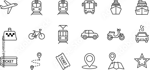 Collection of transportation and travel icons in a clean, modern line art style
