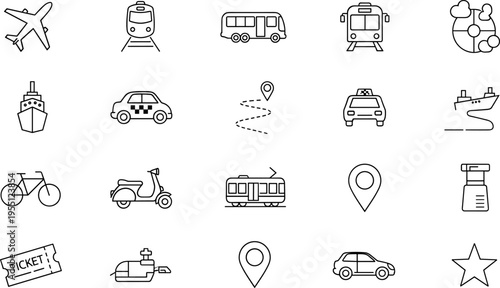Collection of transportation and travel icons including airplane, car, train, and ship