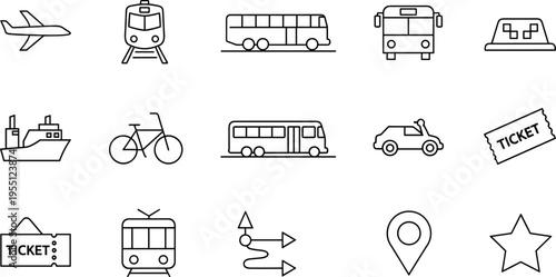 Collection of transportation and travel icons including airplane, train, bus, car, and ship