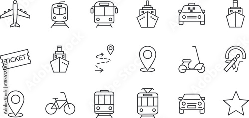 Collection of transportation and travel icons including airplane, train, ship, car, and scooter