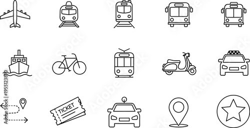 Collection of transportation and travel icons in a clean, modern outline style