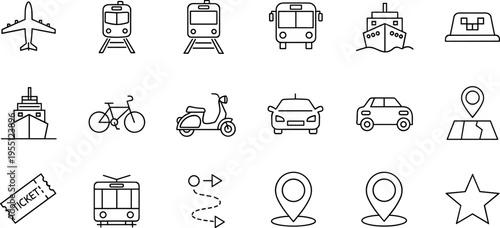 Collection of transportation and travel icons in a clean, modern line art style