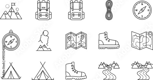 Collection of outdoor adventure and camping icons for travel and exploration themes