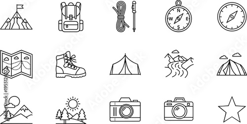 Collection of outdoor adventure and camping icons for travel and exploration