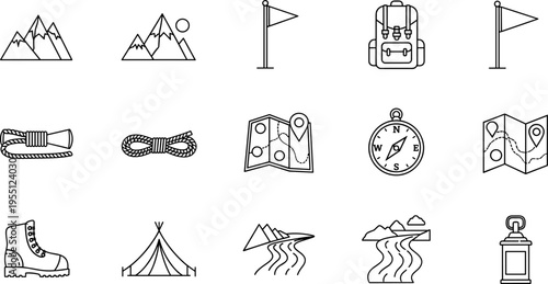 Collection of outdoor adventure and camping icons in a clean line art style