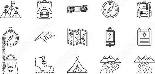 Collection of outdoor adventure and travel icons for camping and hiking