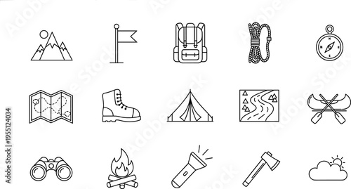 Illustrative icons representing outdoor adventure and camping activities