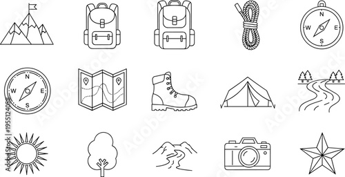 Collection of outdoor adventure and camping icons in a simple line art style